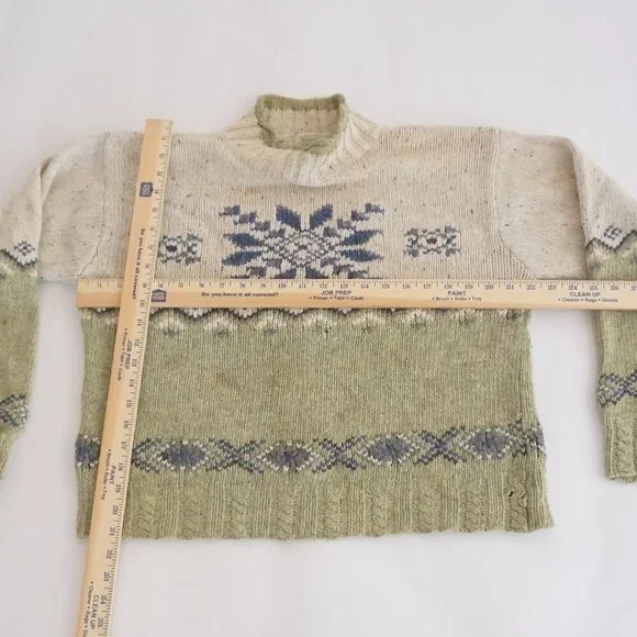 Vintage St Johns Bay Green Cream Fair Isle Snowflake Nordics Wool Knit Sweater L - Picture 3 of 10